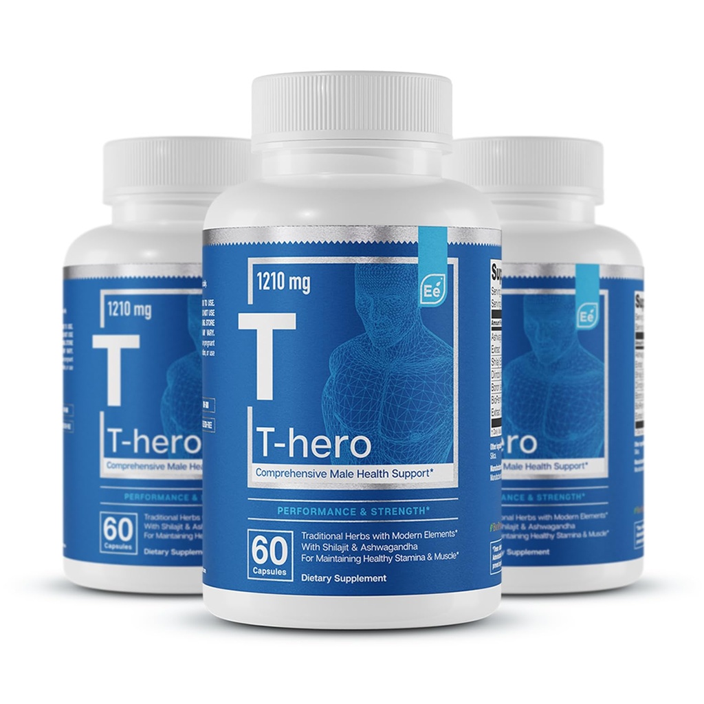 基本元素 男性健康补充 - 肌肉支持和T-健康与DIM, Ashwagandha, Shilajit, More T-Hero 60 Vegan Capsules (3-Pack)