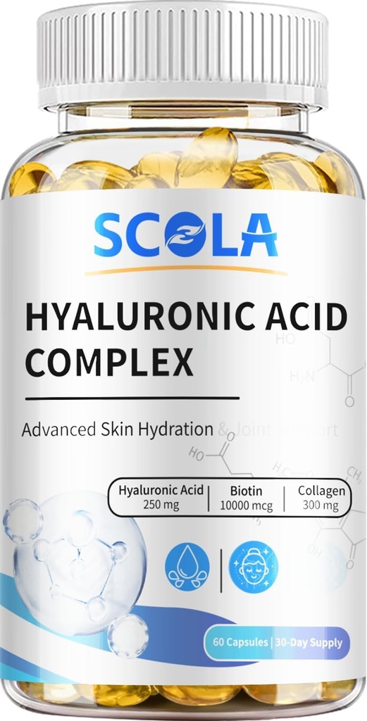 SCOLA HYALURONIC酸卡普尔-250mg HA + 10,000mcg Biotin,60 Vegan Capsules → 深水化,头发和钉子支持 → 非GMO公式