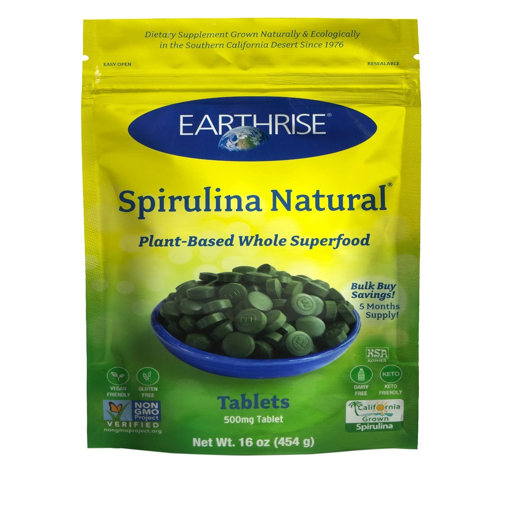 Earthrise Spirulina,纯加利福尼亚Spirulina 500 mg, Vegan, Gluten Free, Keto Friend, Keto Friending, 非GMO 超级食品在维生素和矿物中高居一等LB牌匾(150 service).