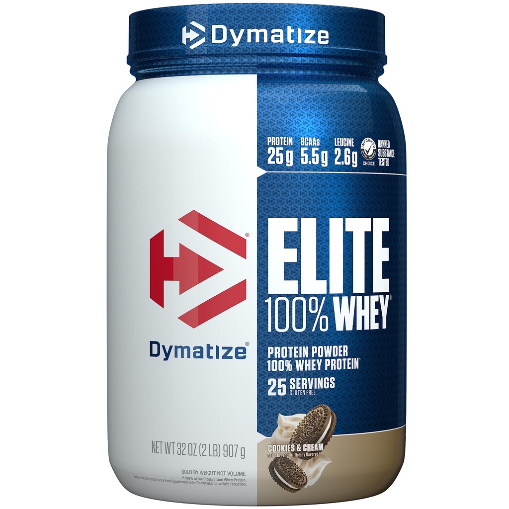 Dymatize Elite 100% Whey蛋白粉, Cookies & Cream, 25g of Protein, 5.5g BCAAs, 不足 140 Cal., Gluten Free, 3g Carb, 2g Sugar, 3g Fat (25 services) 互联网档案馆的存檔,存档日期2013-12-22.
