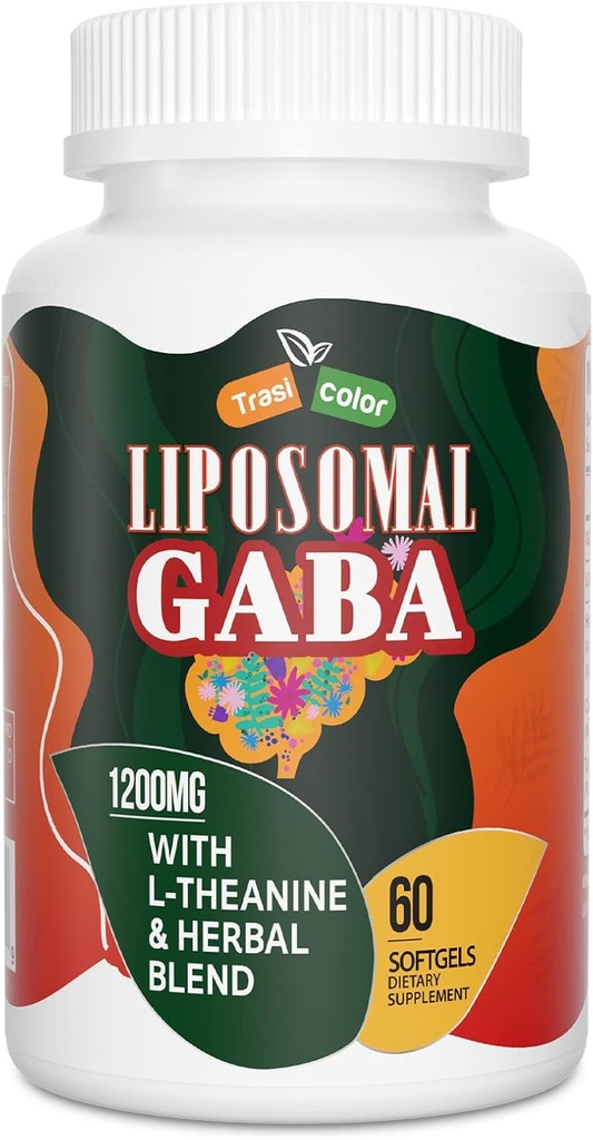 Liposomal GABA配有L-Theanine Supplements 1200mg - 与Ashwagandha,Chamomile,Tart Cherry Herbal 男女配有高吸收GABA 复合体,60软胶