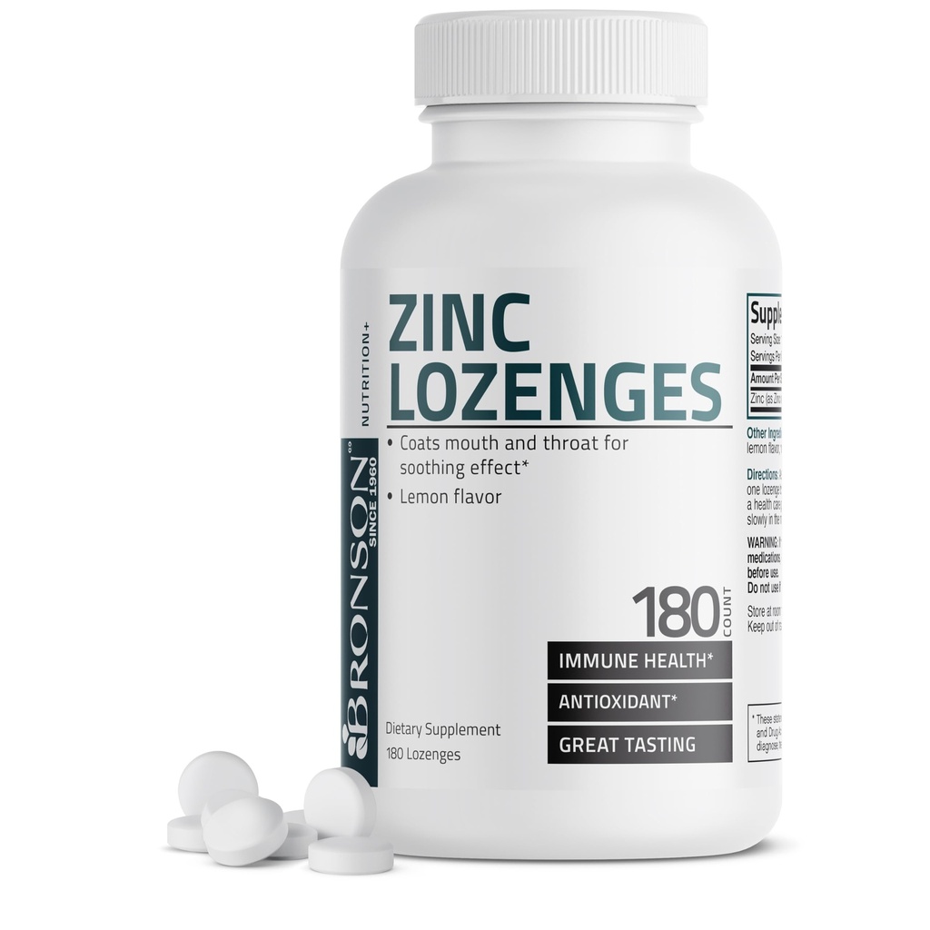 Bronson Zinc Lozenges 抗氧化剂和免疫辅助剂补充柠檬火焰,180块可切片