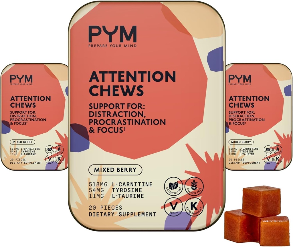 PYM 关注 Chews 支持 Procastination, Focus and probility, 60 Count → 518mg L-Carnitine, 54mg Tyrosine, 11mg L-Taurine - Cafeine - Free → QQ全自然摩德靴子 在美国制造