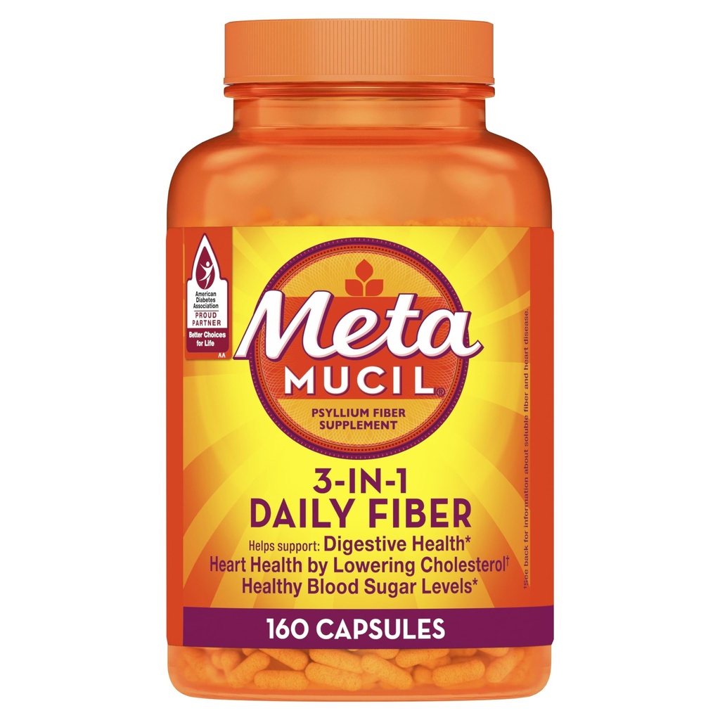 Metamucil Psyllium Husk Fiber 补编,3-in-1 消化健康,植物基,160 计数,包2