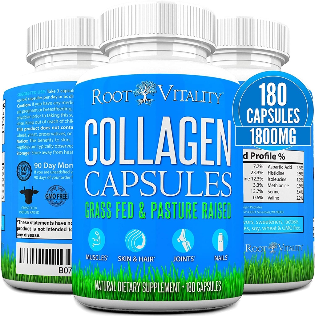 根维生Collagen Pepteides Capsules - 草-Fed, Pasture-Raized Hydrlyzed 蛋白质补充剂,用于皮肤,毛发,和钉子 - 非GMO, 男女零糖日药(180 Capsules)