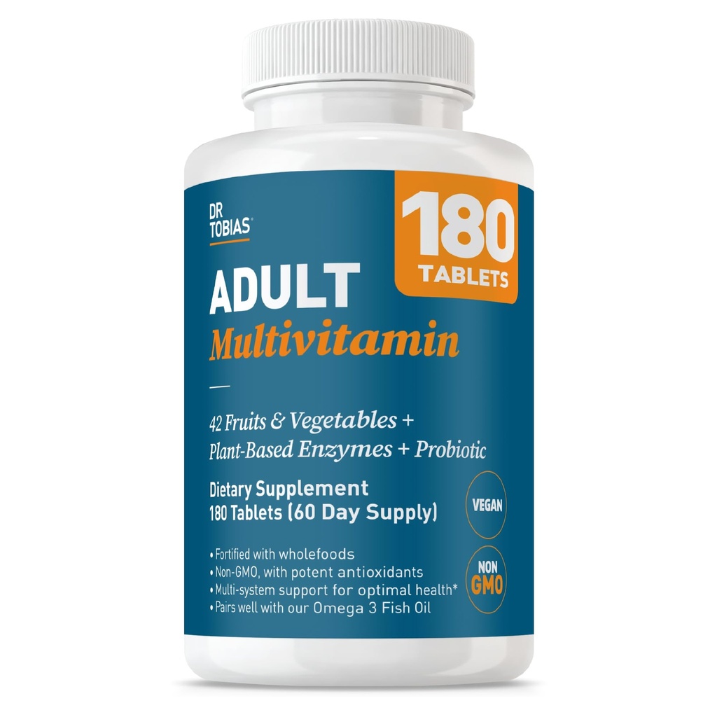 Tobias Dr. Tobias Dultivitamin for Women & Men, 支持维生素的免疫物,来自42种水果,蔬菜,+ Probiot, Vegan Mutivitamin for Men & Women, Non-GMO, 180片, 60种服务