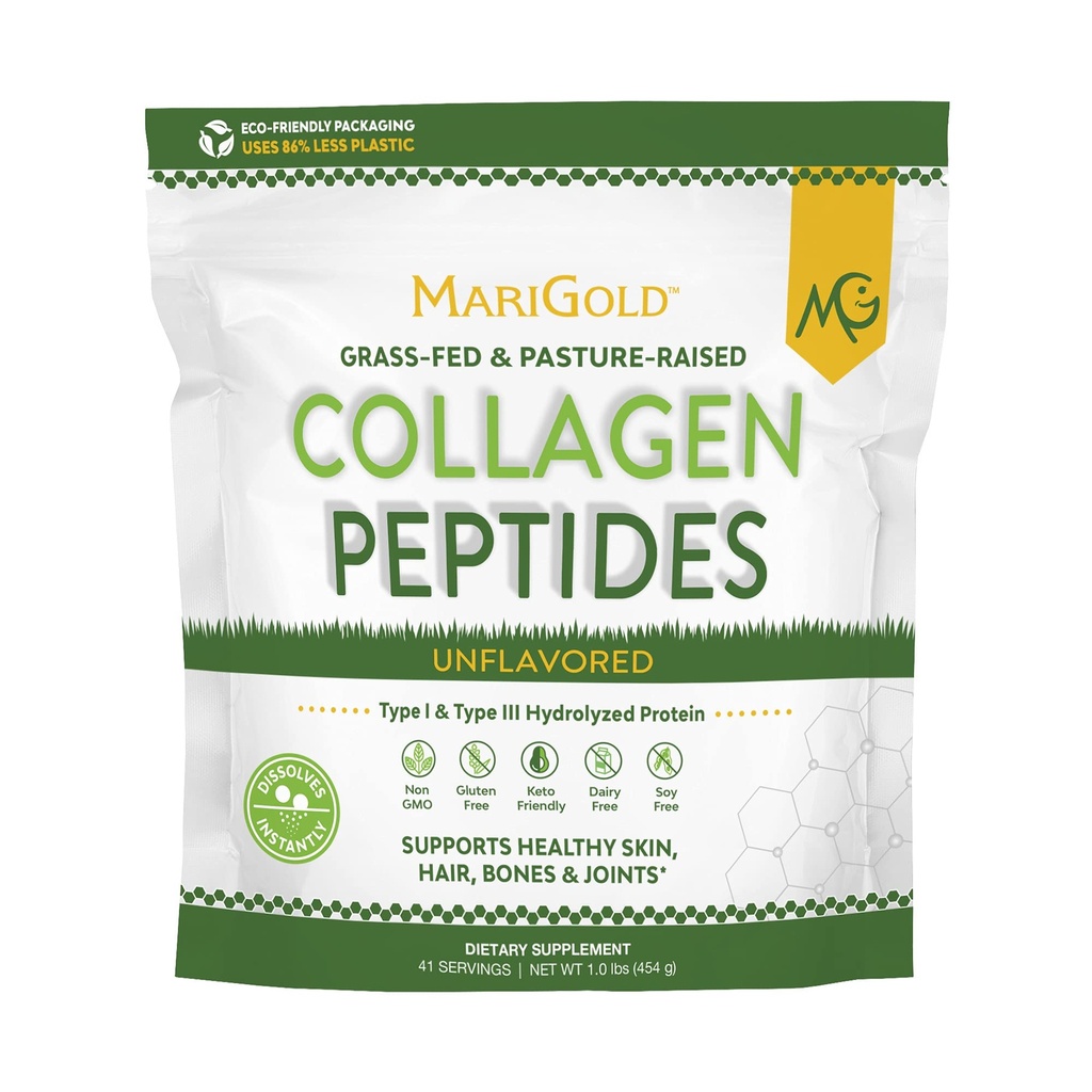 MariGold grassfed Collagen Peptides Power Unfloodle 1LB - 100%纯度,I型和III型波维纳水解Collagen,N-GMO,Hormone-Gluten-Dairy Free,Keto-Friendly,易混合