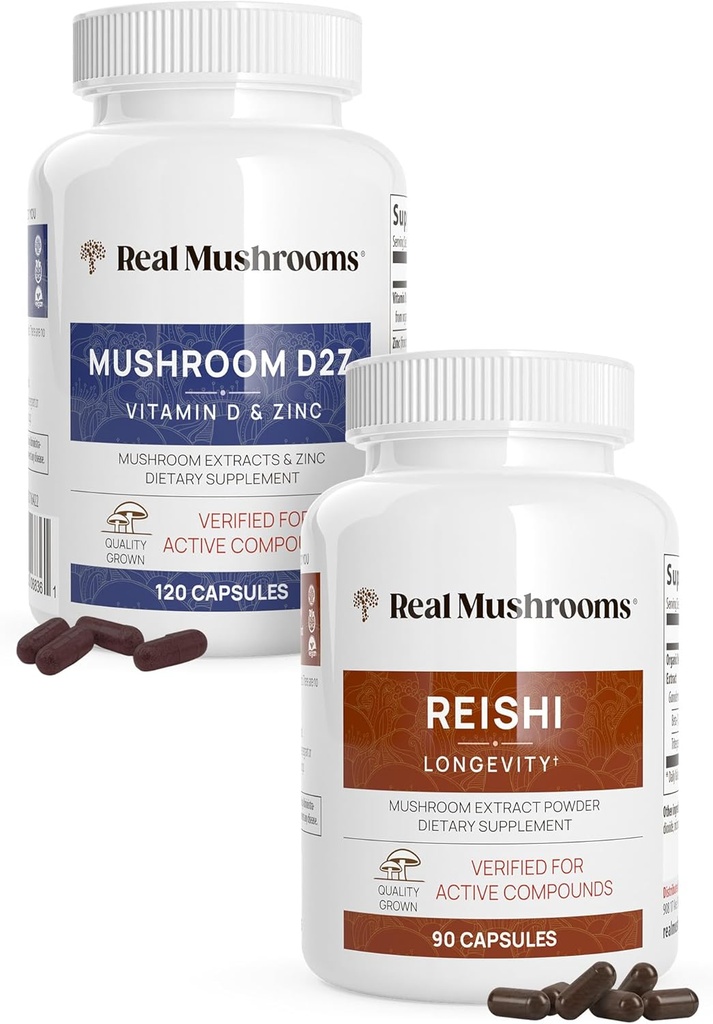 真正的蘑菇 维生素D2,锌(120cm)和Reishi 415 (90cm) Bundle with Chaga - 自然支持豁免,更好的睡眠和放松 - Vegan, Gluten Free, 非GMO, 有机蘑菇提取器