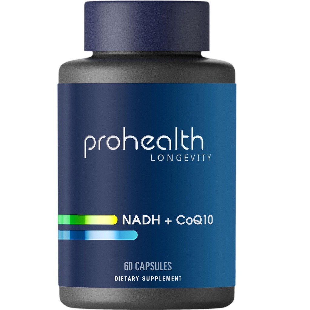 ProHealth NADH + CoQ10 - Boost NAD+ → 60天供应 → Pure NADH 25 mg, CoQ10 100 mg → 60酸阻塞 → Energy → Focus → ATP 生产