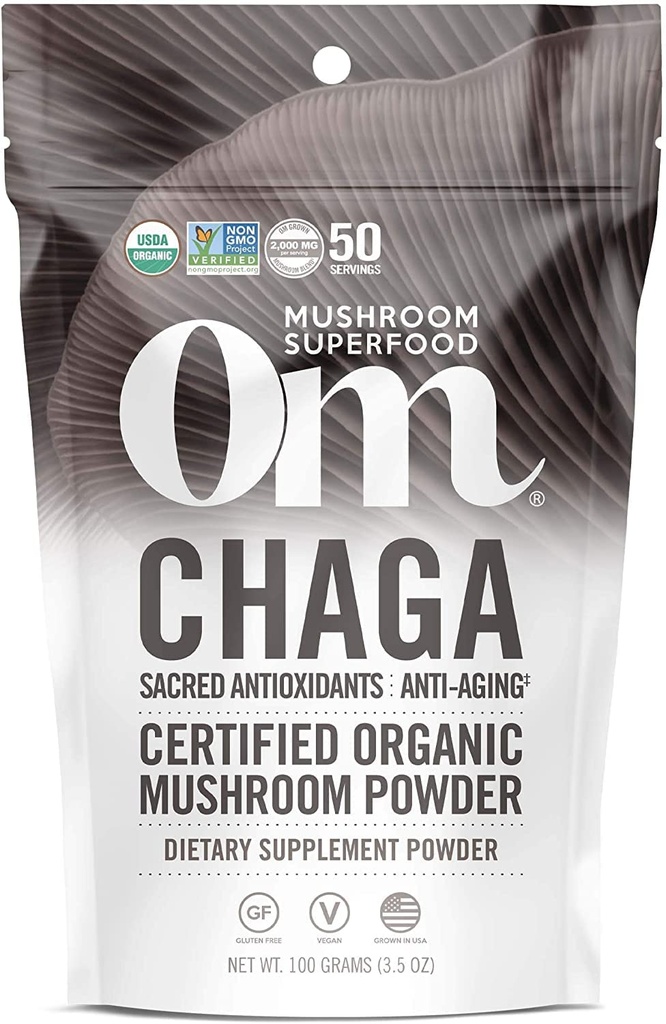 Om 蘑菇超食品 Chaga 有机蘑菇粉,3.5 Ounce,50种服务,美国种植,圣性抗氧化剂和免疫支持,超级食品蘑菇补充剂