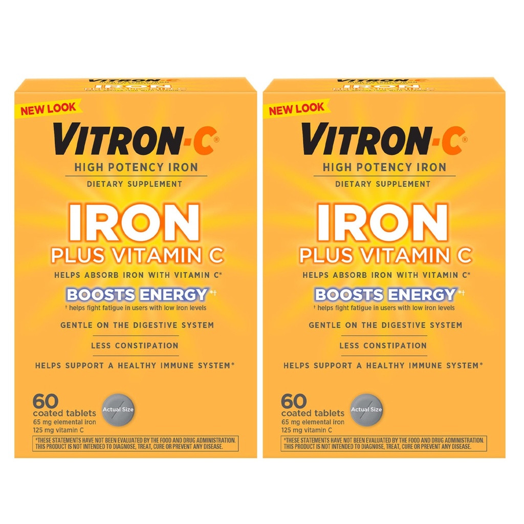 Vitron-C 铁的补编,Once Daily,高能铁加维生素C,支持红血球生产,Dye自由片,60 Counter,2 Pack