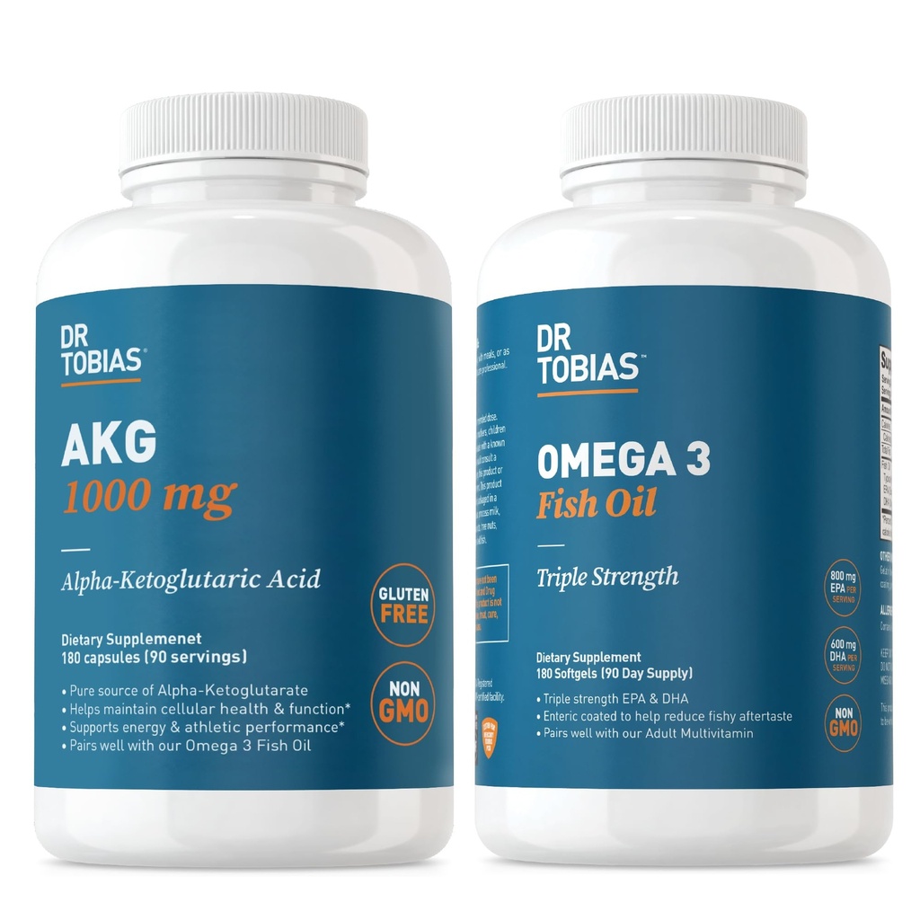 Tobias AKG博士 补充和Omega 3 鱼油、支持手机能源和整体健康与AKG和Triple-Strength Omega 3 EPA & DHA、Non-GMO