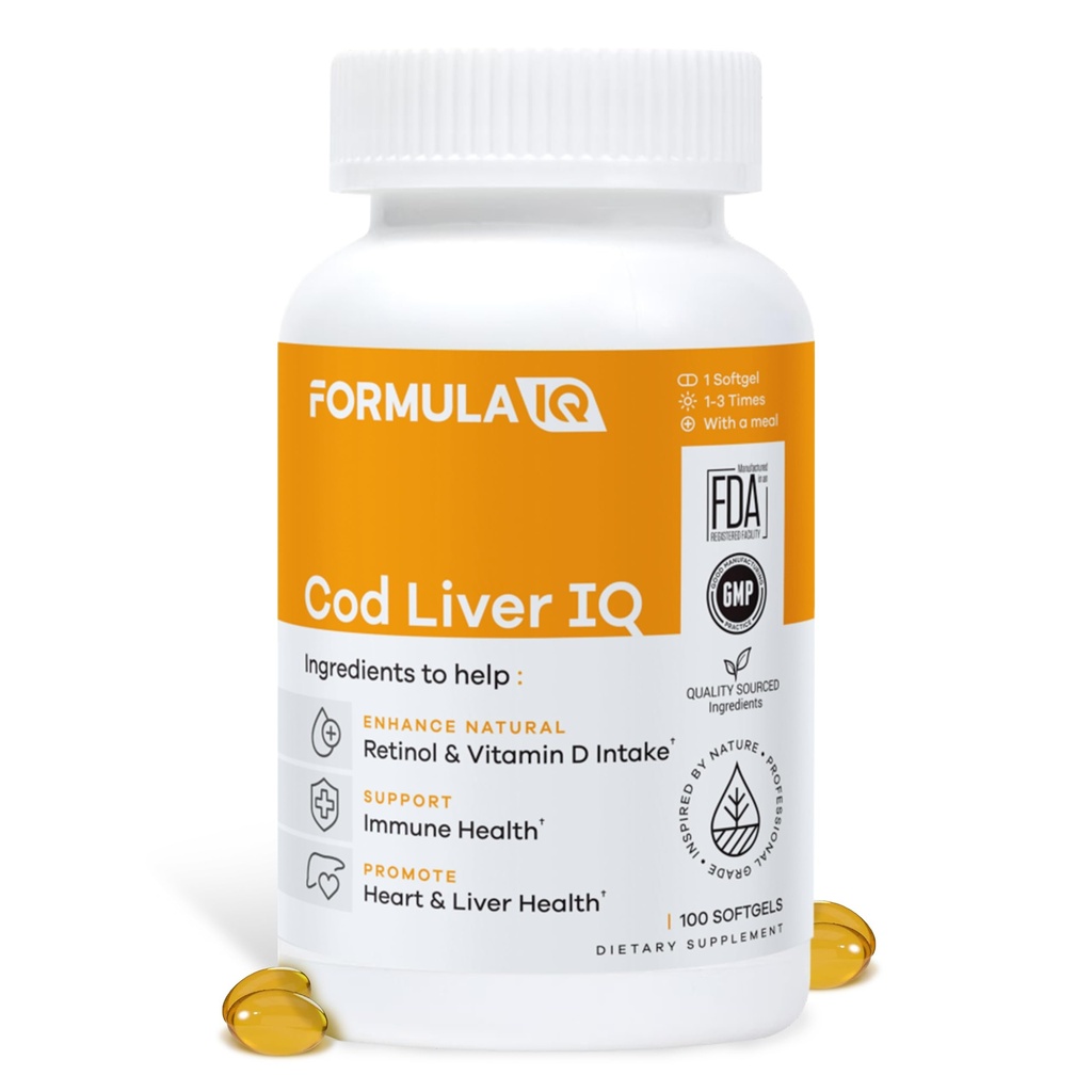 FIQ - Cod Liver IQ - Cod Liver Oil Softgels - 维生素A & D和Omega-3脂肪酸的天然来源 - 心,肝和免疫健康 - 100软胶