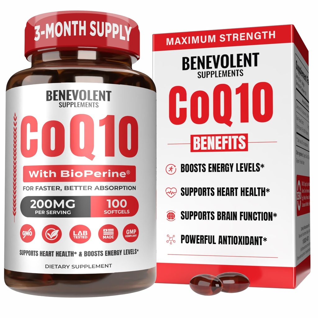 益纯CoQ10 200mg 软胶,用于最大吸收,Ubiquinone Coenzyme Q10 心脏健康,能源生产,健康老龄化和抗氧化剂支持,100 软胶