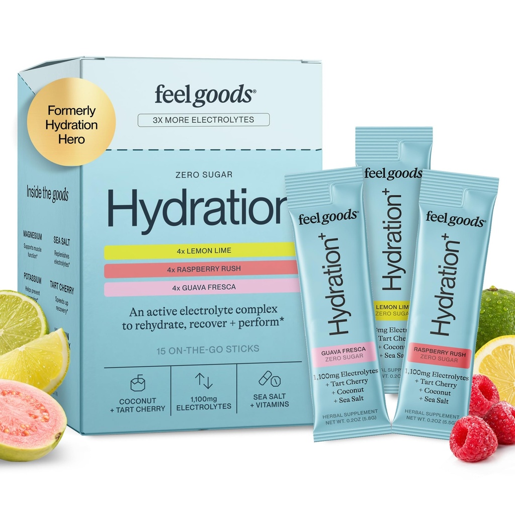 Feel Goods Heltion Hero, Variety Pack, 1000mg 电解质粉,无糖,镁,有机Aloe Vera, L Theanine, 维生素C, Vegan, Non GMO, On The Go Electrolyte Packets, 12 Counters