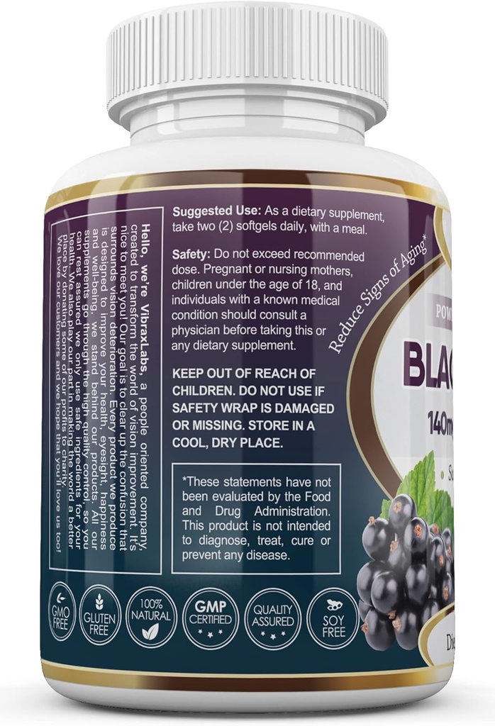 vibraxlabs Black Currant Oil 1000mg - Hexene Free – 天然抗衰老抗氧化剂与高GLA公式 – 支持毛发,皮肤,联合和眼部健康 – Premium Black Currant种子油软胶补充剂