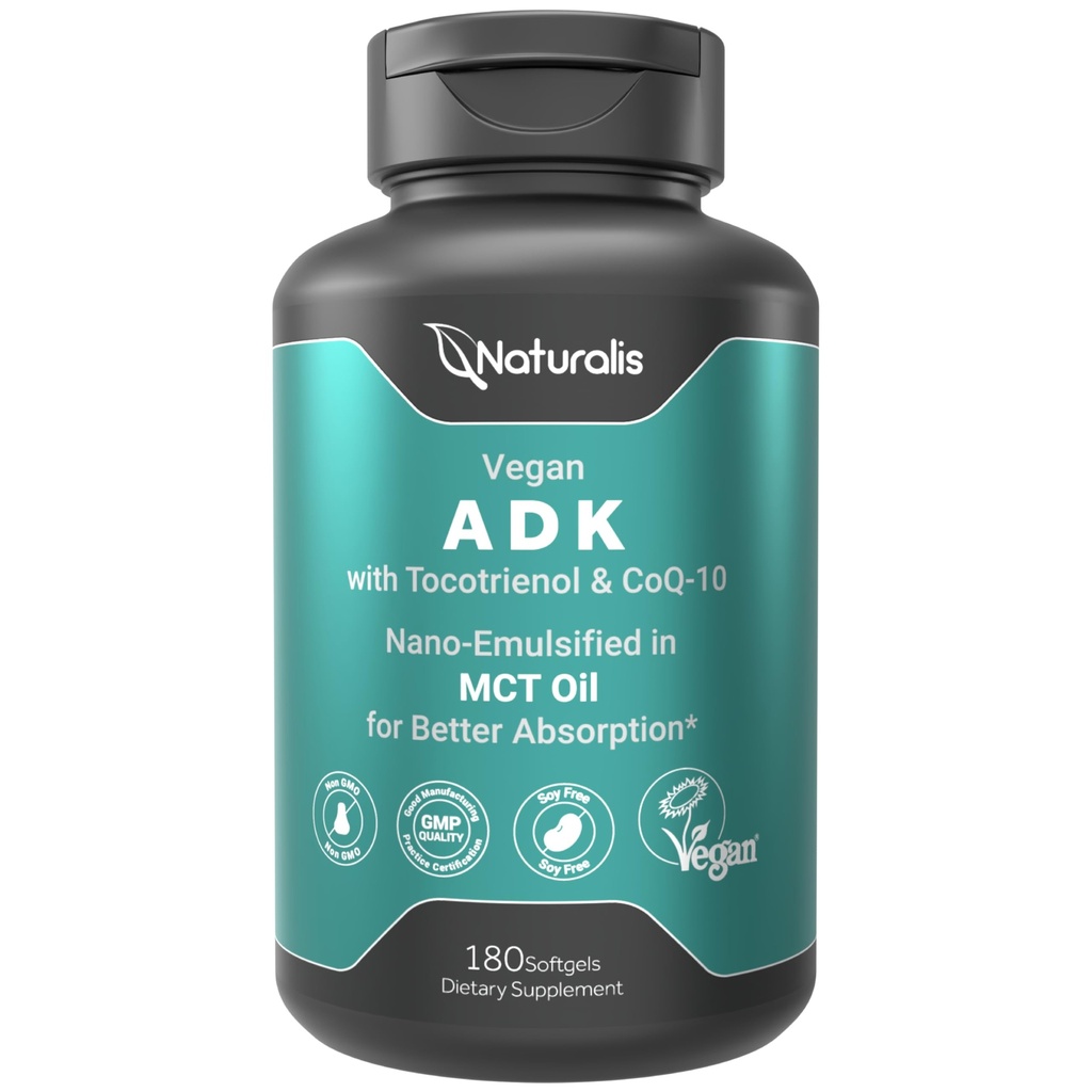 Naturalis Vegan Vitamin ADK 配有50mg Tocotrienol和CoQ-10 | Nano-Emulsed in EVO O for Better Absoprtion | Non-GMO, Soy Free and Vegan Society 认证 | 180 Veggie Softgels (Carragenan Free) 互联网档案馆的存檔,存档日期2014-12-02.