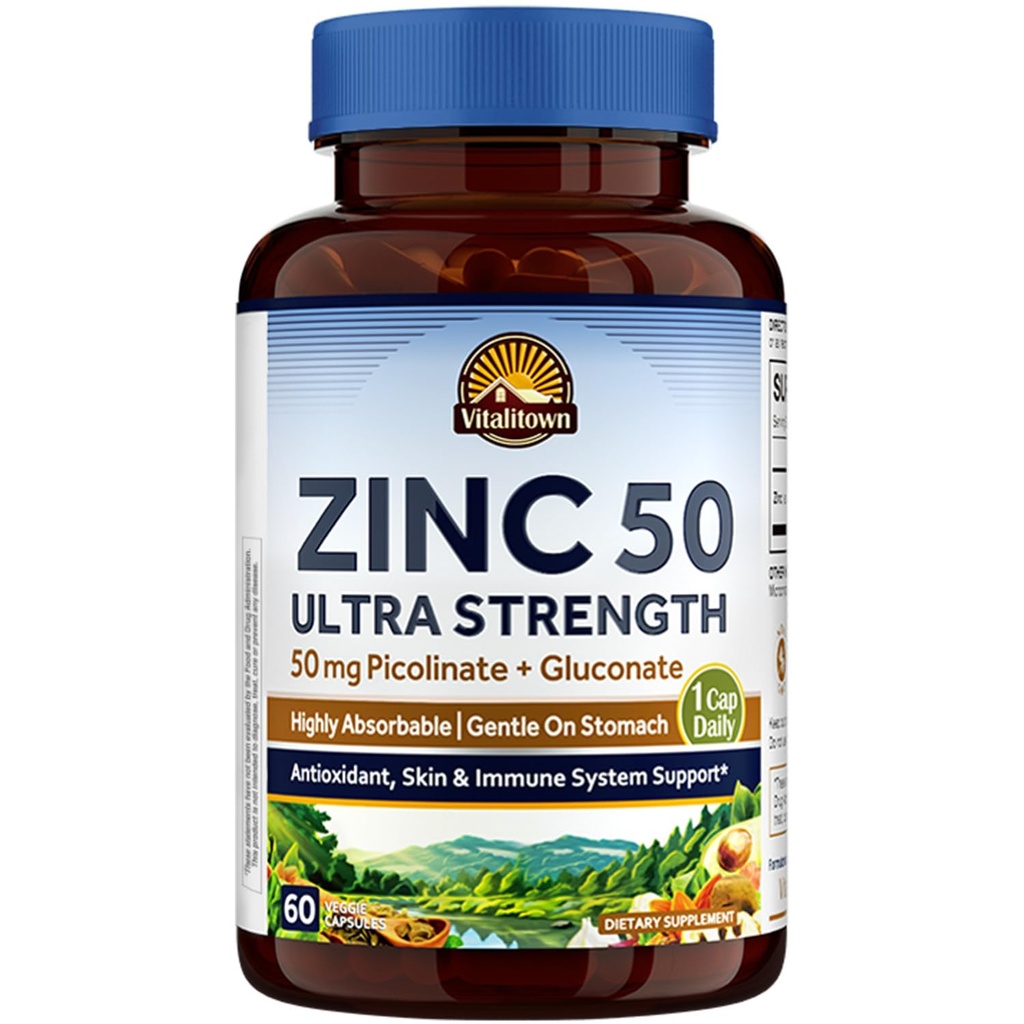 Vitalitown Chelated Zinc 50 mg, 锌皮醇和葡萄糖, 60 Veggie Capsules, 井吸虫, Immune系统, 健康皮肤与发育, Vegan, NO Gluten, 非GMO