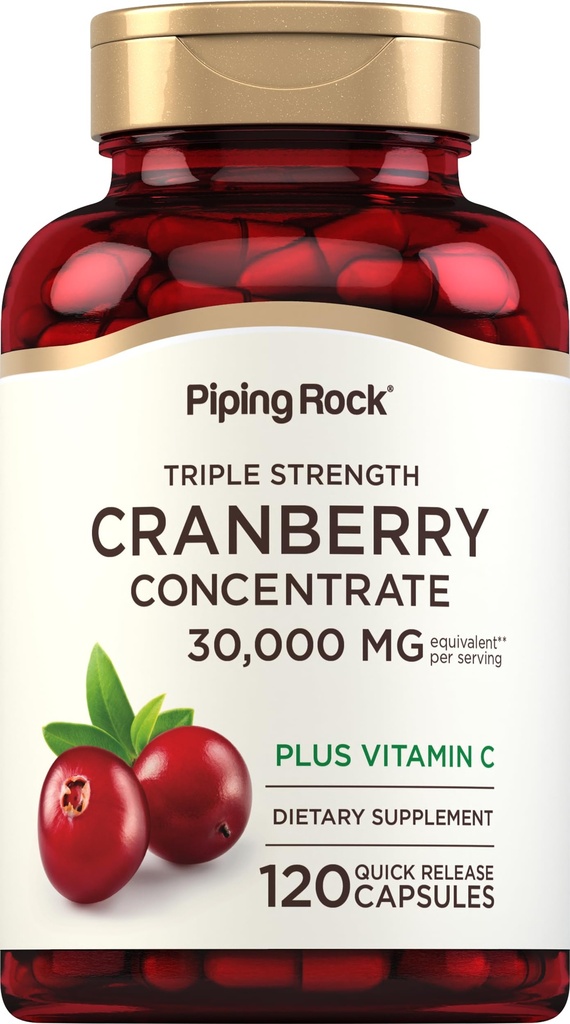 Pipping Rock Cranberry Pills 120 Capsules 女性和男性的补编 三重力量集中提取+维生素C – 非GMO, Gluten Free