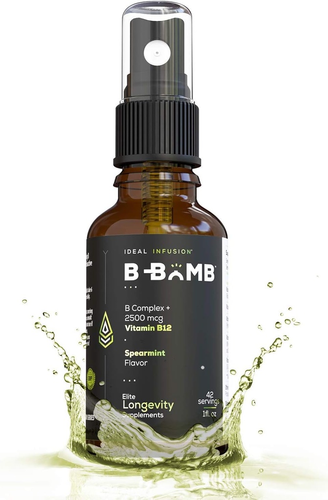 B-Bomb 维生素 B12 + B 复杂液体喷雾:甲基Cobalamin 与 Adenosylcobalamin : 能量和混合支持,无糖, Vegan, 有机斯皮尔明特火焰