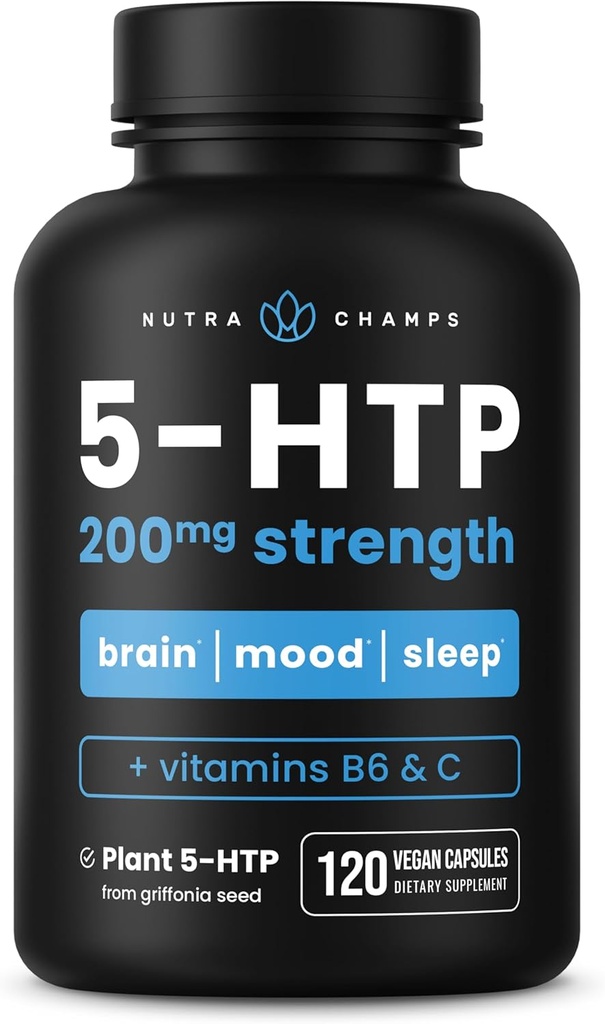 NutraChamps 5-HTP 200mg, 120 Vegan Capsules, Pure 5HTP 100mg Plus 共因子维生素B6和维生素C