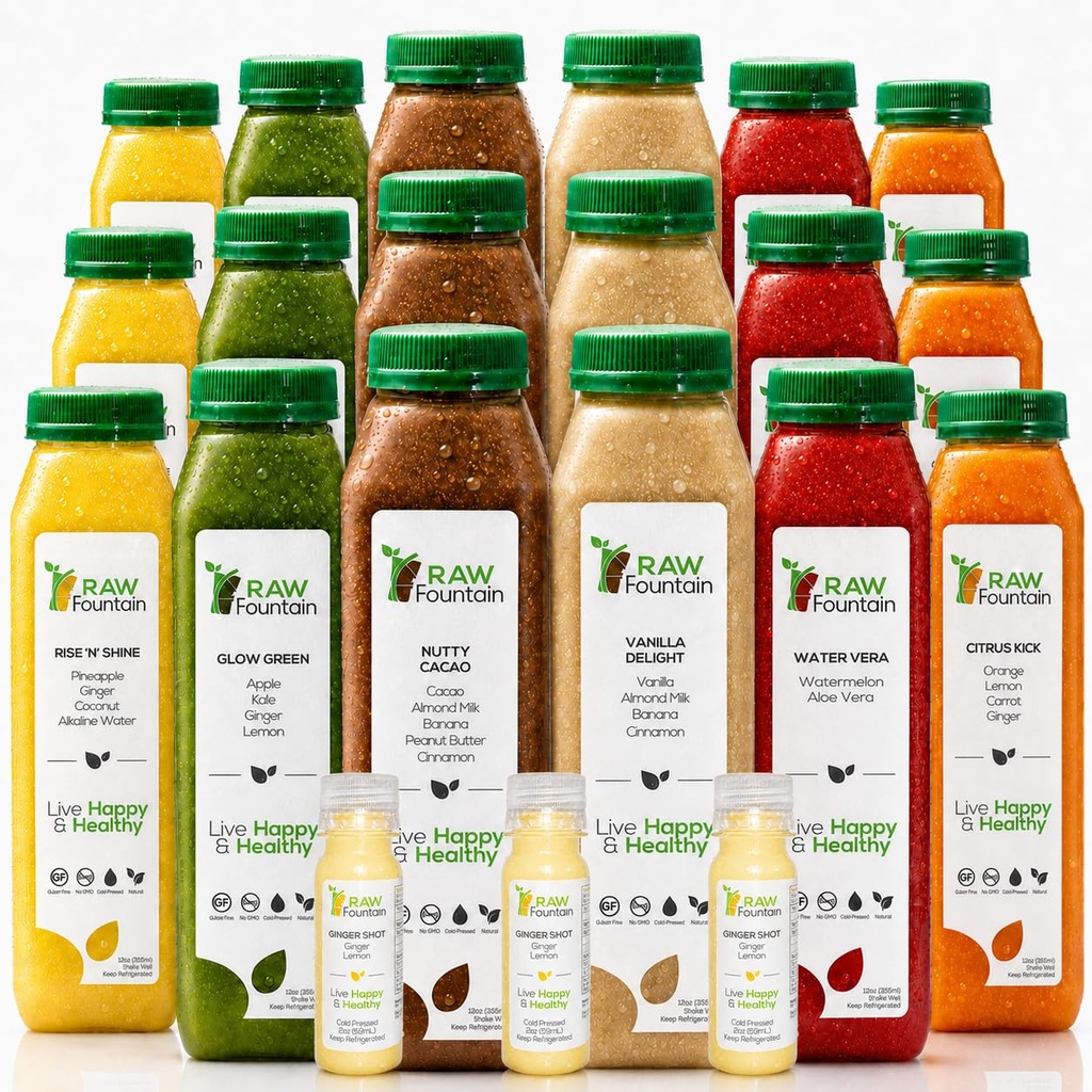 3 日蛋白汁 由 Raw Foundain, All Natural Raw Dertox cleanse, 冷压水果,蔬菜,香草和巧克力 Flavor, 味道和能量, 18瓶12oz, 3 姜片