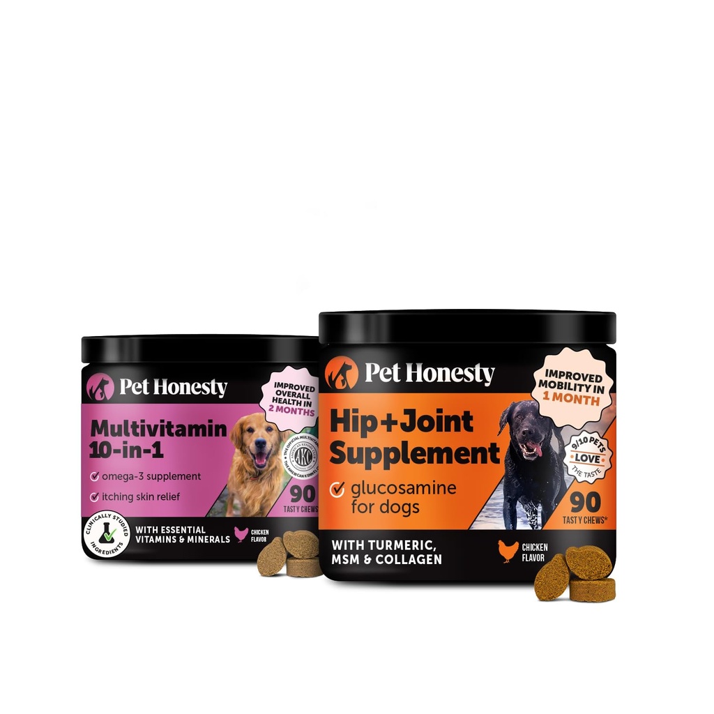 10 in 1 Multivitamin + Hip & Joint Health Soft Chew Supplement Bundle - Dog Vitamins - Glucosamine Chondroitin, Omegas, Turmeric and MSM for Suple Dog Health, Moods 的联合补编.