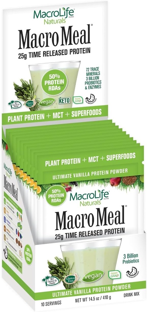 大型生命自然(MacroLife Naturals MacroMeal Vegan Vanila) 超级食品 补充粉末蛋白 + 绿素 亲生素 消化酶 纤维 - 能量 解毒剂 Imune - 非GMO, Gluten - Free - 10 Packet services