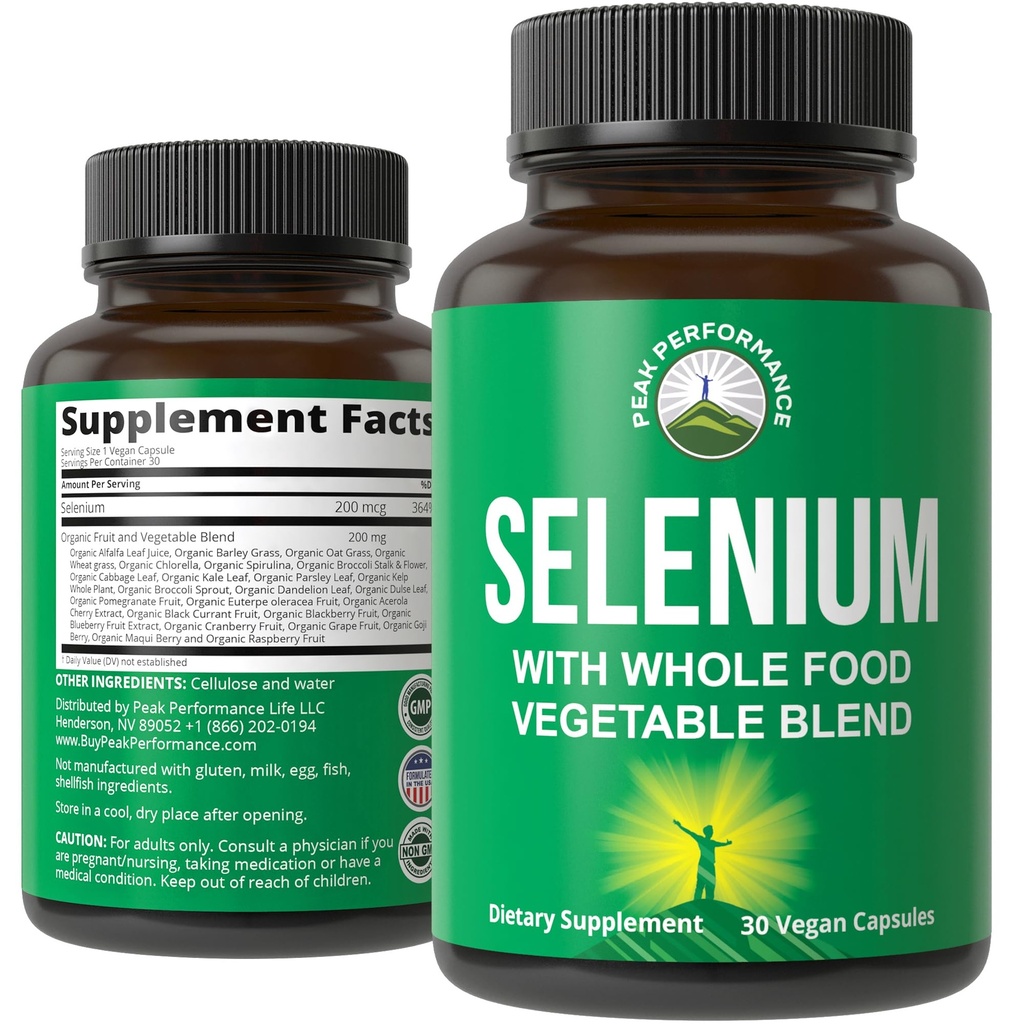 硒辅料,配有25+蔬菜和水果的全食品混合剂,用于Max吸收. 纯 Selenium Vegan Capsules for Imune System, 甲状腺支持,心脏健康,前列腺支持. 30种药丸