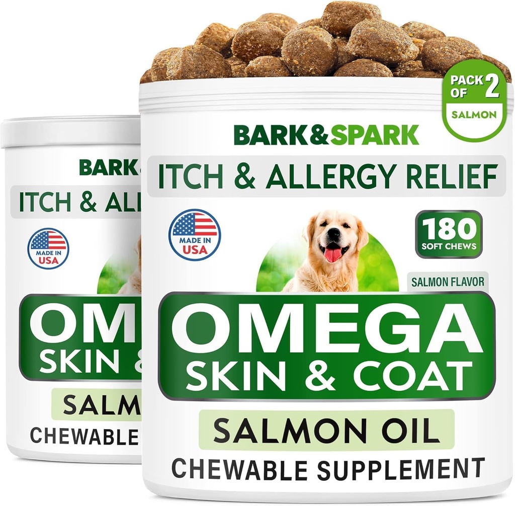 BARK&SPARK Omega 3 for Dogs - 360 Fish Oil Treats for Dog Shedding, Skin Altergy, Itch Relief, Hot Spots 治疗 - 联合健康 - 皮肤和煤炭补充 - EPA & DHA 脂肪酸 - 沙门油
