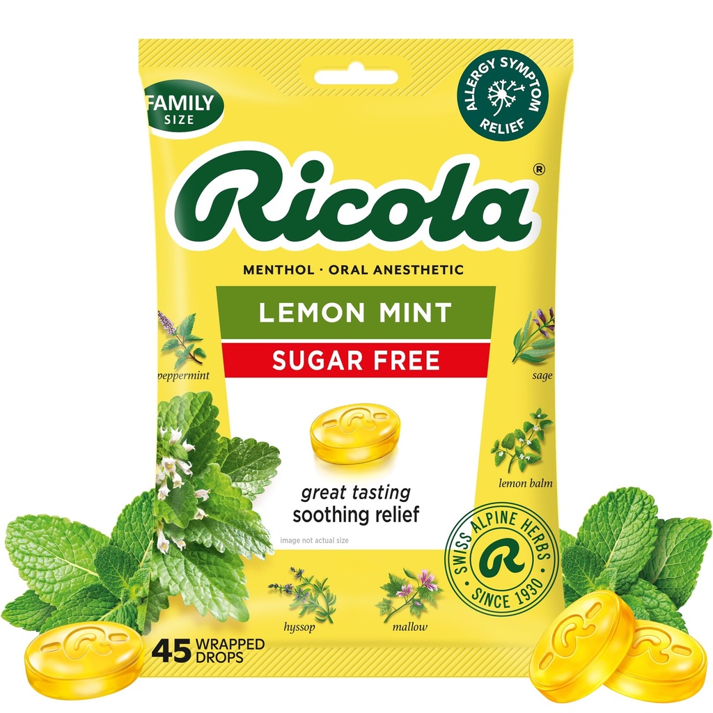Ricola Free Lemon Mint Throat Drops, 45 Countries, Repressing Relief from Minthroat Iritits, 口腔麻醉药 苏醒症
