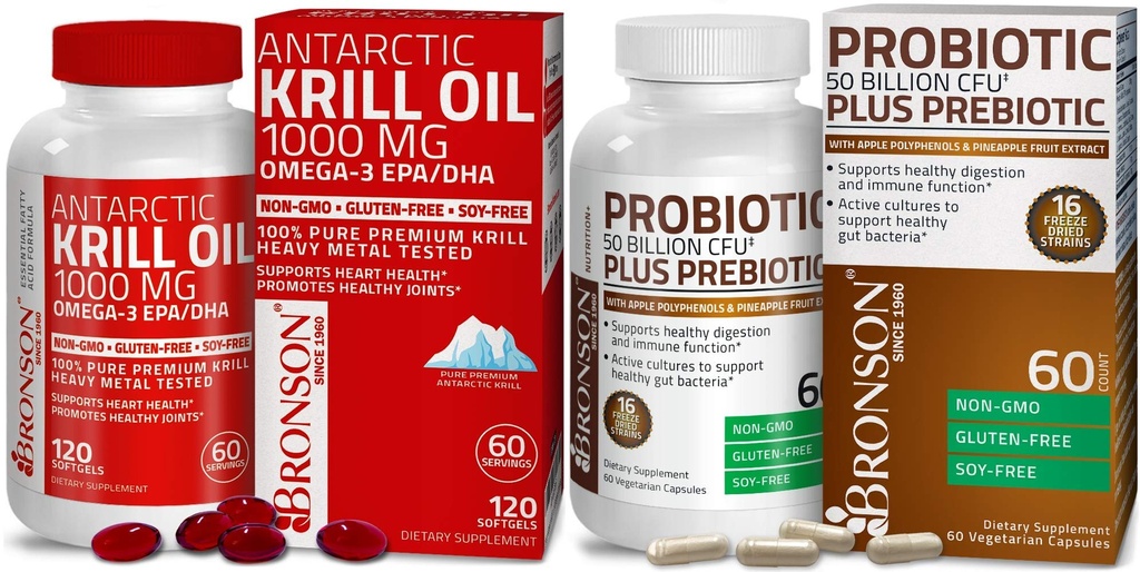 Bronson Probiotic 50亿 CMU + 与苹果多酚和菠萝水果 Extrac 南极磷脂 1000毫克 与Omega-3s EPA DHA
