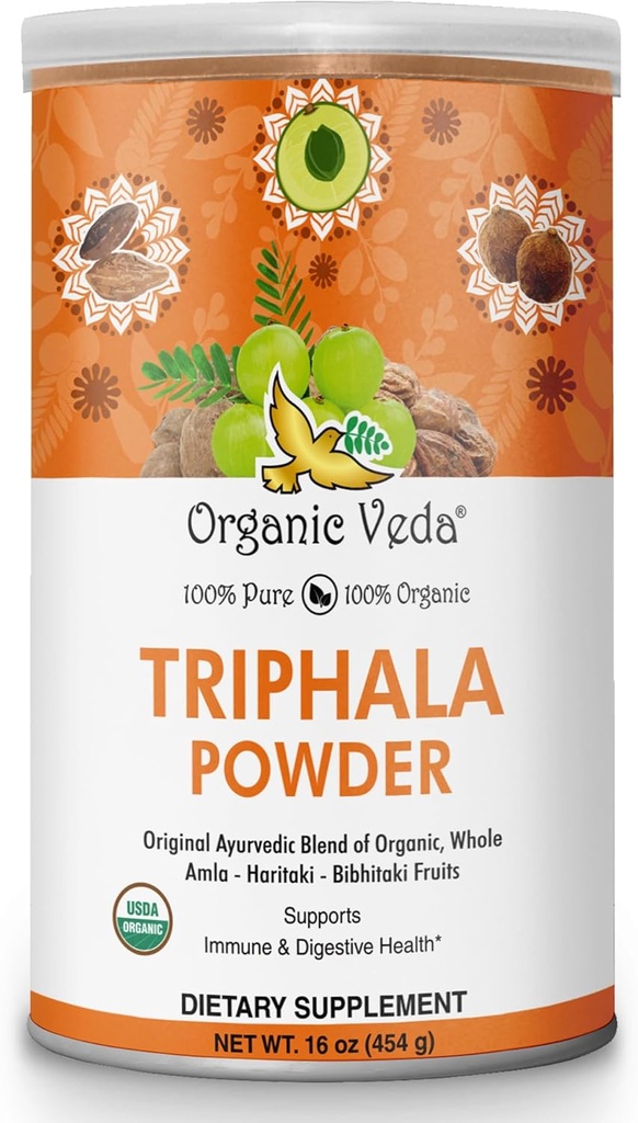 有机维达Triphala 粉末配有Amla,Haritaki,Bibhitaki 水果 - 100% Natural Ayurvedic Triphala 粉末 - 改善免疫支持,文摘,Colon清洁,皮肤健康 - Vegan, Non-GMO - 16oz
