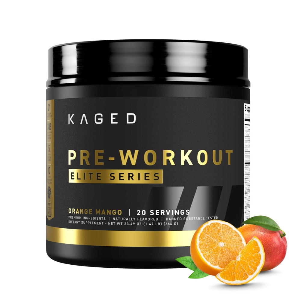 Kaged Pre Workingout Powder Pre-Working Elite for Men and Women, 高兴奋剂促进能源,Focus, Pumps, L-Citrulline, Beta Alanine, Creatine & 388mg of Organical Cafeine, Orange Mango