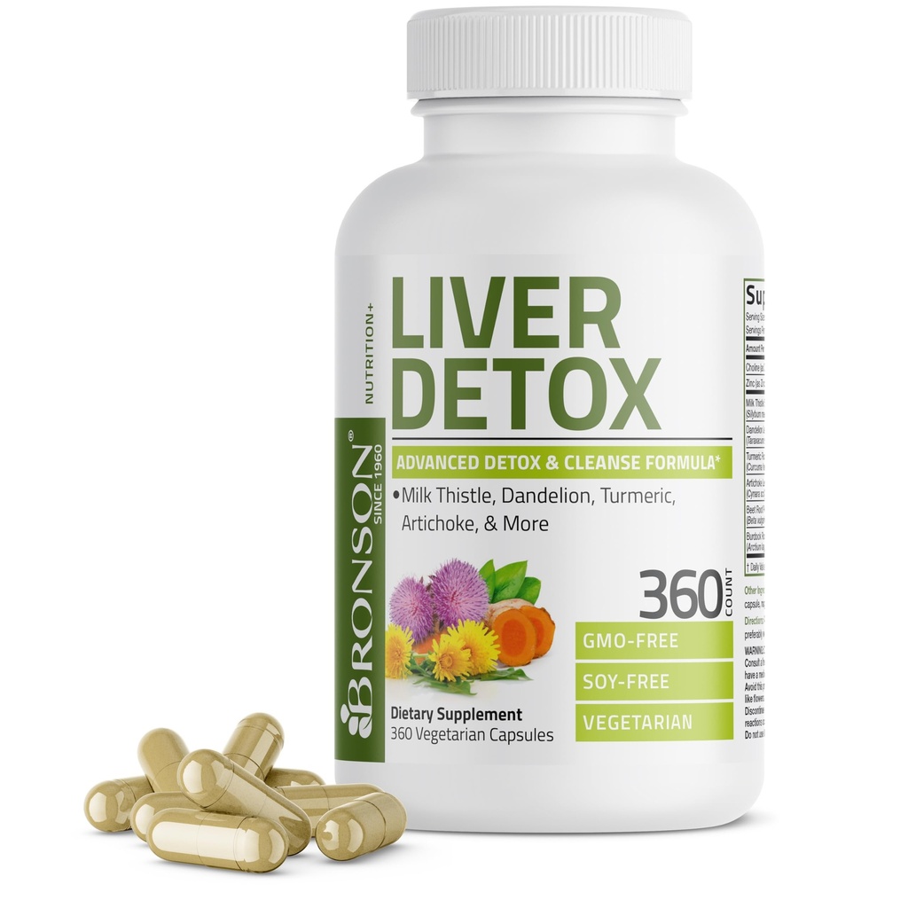 Bronson Liver Detox 高级解毒和清洁公式支持健康肝功能,包括牛奶硝酸盐、Dandelion根、涡轮、Artichoke Leaf & More、Non-GMO、360蔬菜卡普尔