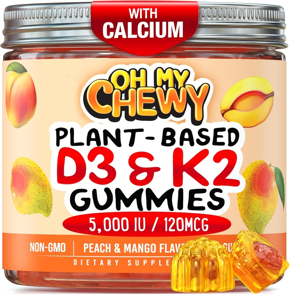 中心-填充维生素D3 K2 Gummys - 儿童,青少年和成年人 - 健康牙齿,骨骼,能量和豁免补充 - 5000 IU D3,120 mcg K2(MK-7),120 mg 钙 - Vegan & Non-GMO - 60 Counter