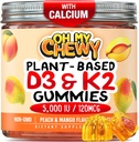 中心-填充维生素D3 K2 Gummys - 儿童,青少年和成年人 - 健康牙齿,骨骼,能量和豁免补充 - 5000 IU D3,120 mcg K2(MK-7),120 mg 钙 - Vegan & Non-GMO - 60 Counter