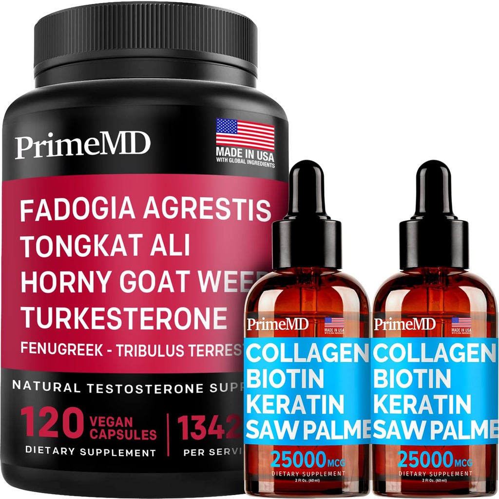 液体Colagen Biotin(2pk)和Fadogia Tongkat Ali(1pk) 补充包 - 用于头发、皮肤、钉子、心脏、能源、和睾丸酮支持-非GMO、Vegan