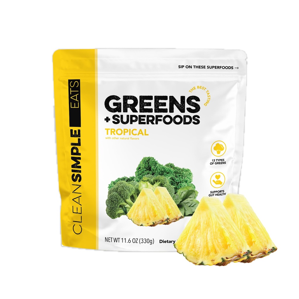 清洁简单食品 超级绿粉 天然火焰绿粉 含氯氏菌 螺旋藻 超级食品和先生纤维 无人工饲料 Gluten Free, Tropical Greens Flavor, 30 Srvg