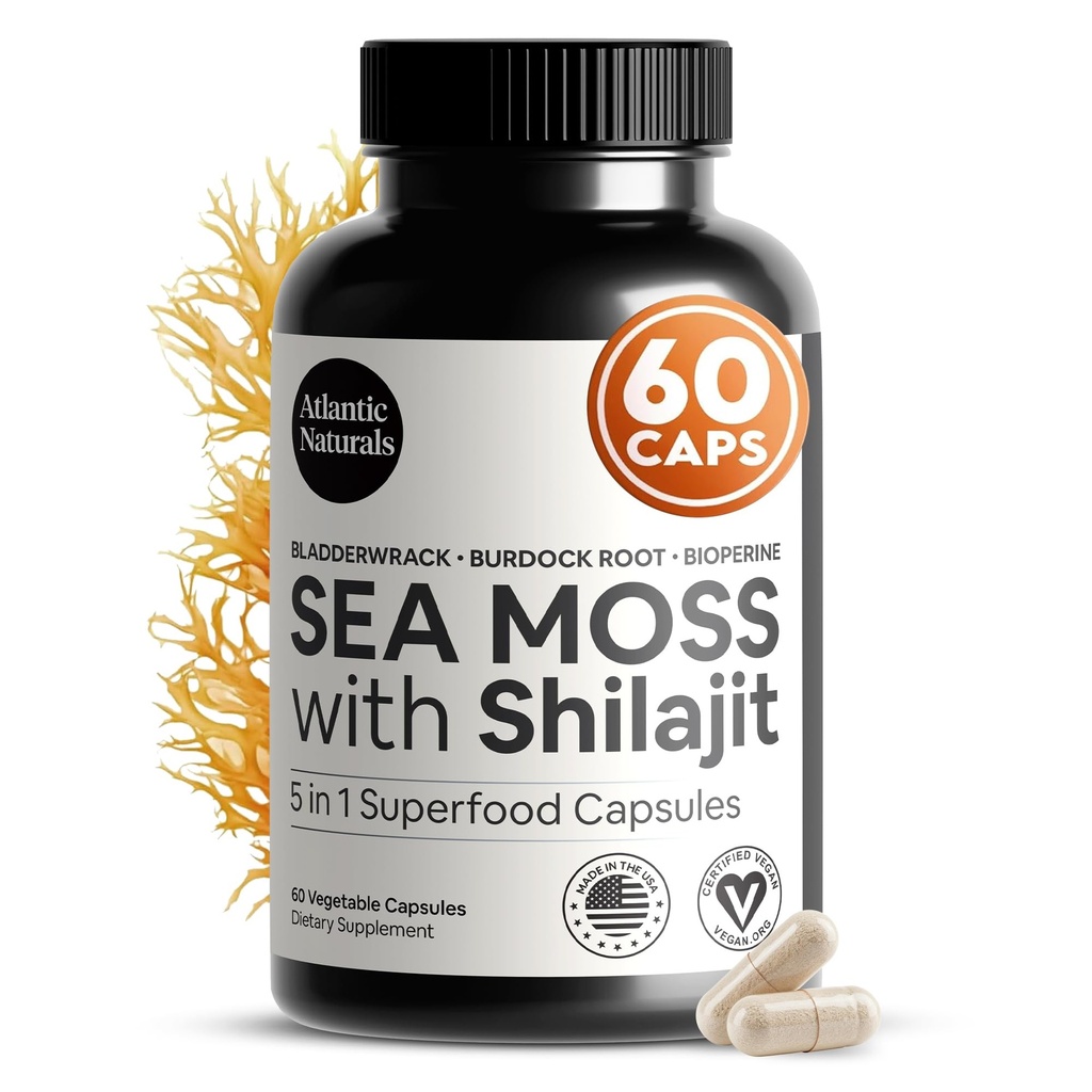 大西洋自然海 Moss和Shilajit Capsules – 5-in-1 Seamos Shilajit Combo 与 Bladderwrack, Burdock Root & Black Pepper – Sea Moss 吸收和生命补充 – 2705 mg – 60 Counter