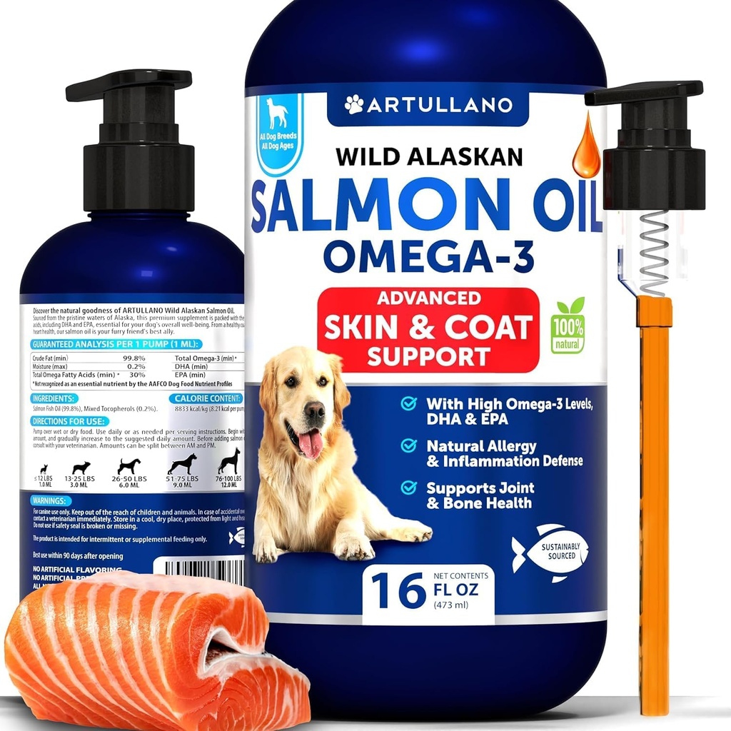 沙门油换狗 - Omega 3换狗 - 16 FL OZ 野生阿拉斯加 沙门鱼油 - 天然环保局和DHA 脂肪酸换皮和煤,过敏,联合与骨健康 - 谢丁液支持补充剂