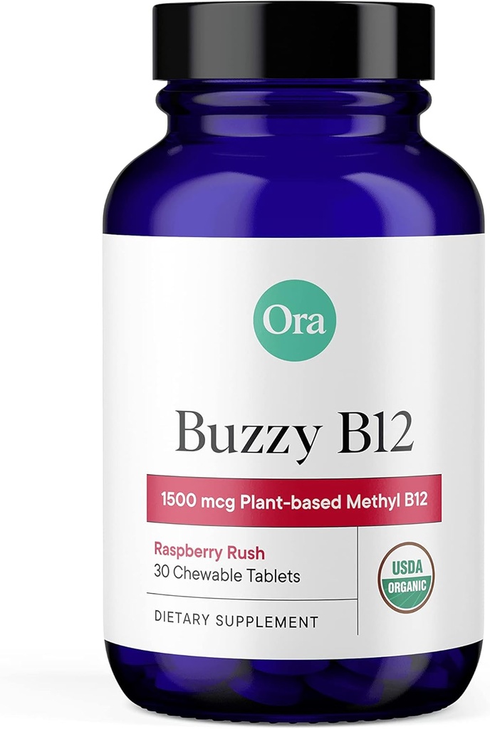 Ora 有机维生素B12 1500mcg - 成人用植物基甲基Cobalamin - 天然无兴奋剂能量,Raspberry Flavor可咀食药片,无添加糖 - 30片