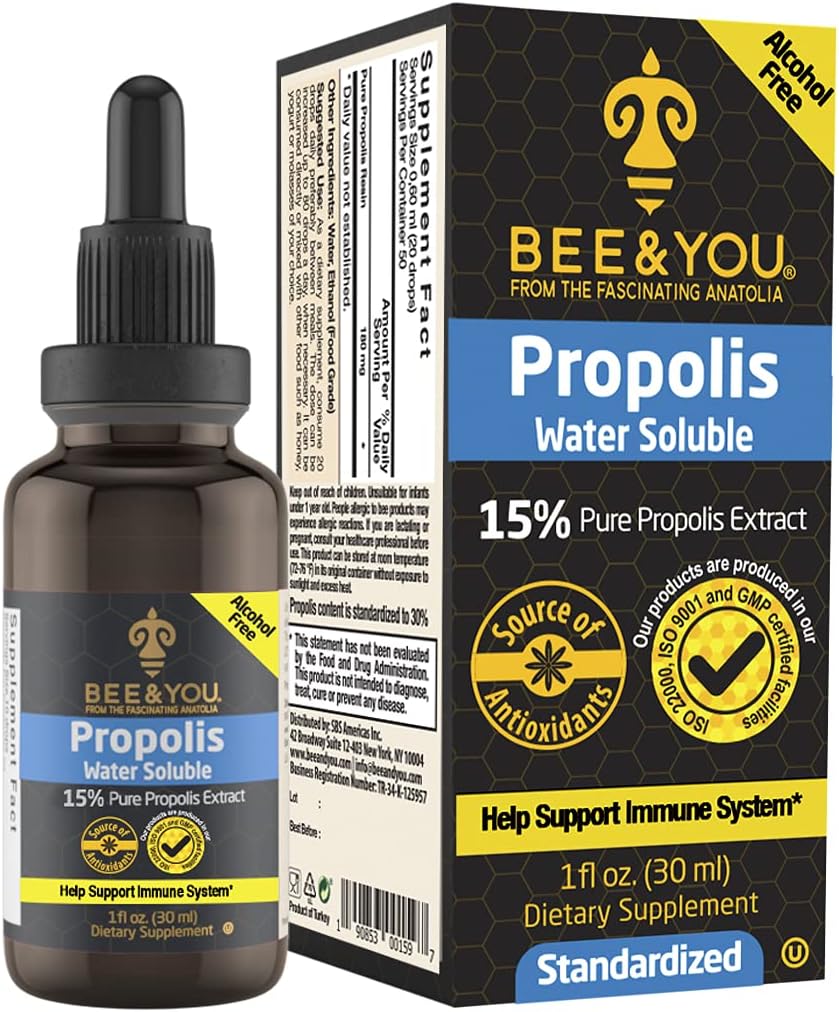 BEE和你们15%的纯Propolis水溶性抽取 - 高概率 - 零糖 - 零卡路里 - 天然免疫支持和固喉救济 抗氧化剂 Keto, Paleo, Gluten-Free, 1 Fl Oz