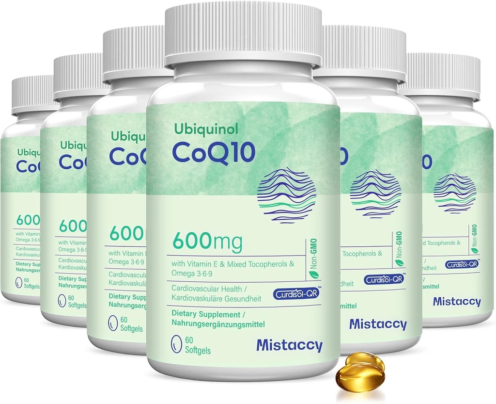 CoQ10 600mg 软胶 QQ 高吸附性 CoQ10 Ubiquinol Supplement QQ 以维生素 E 和 Omega 3 增强的减量形态 6 9 QQ 抗氧化剂 动力室 健康好 QQ 360 软胶