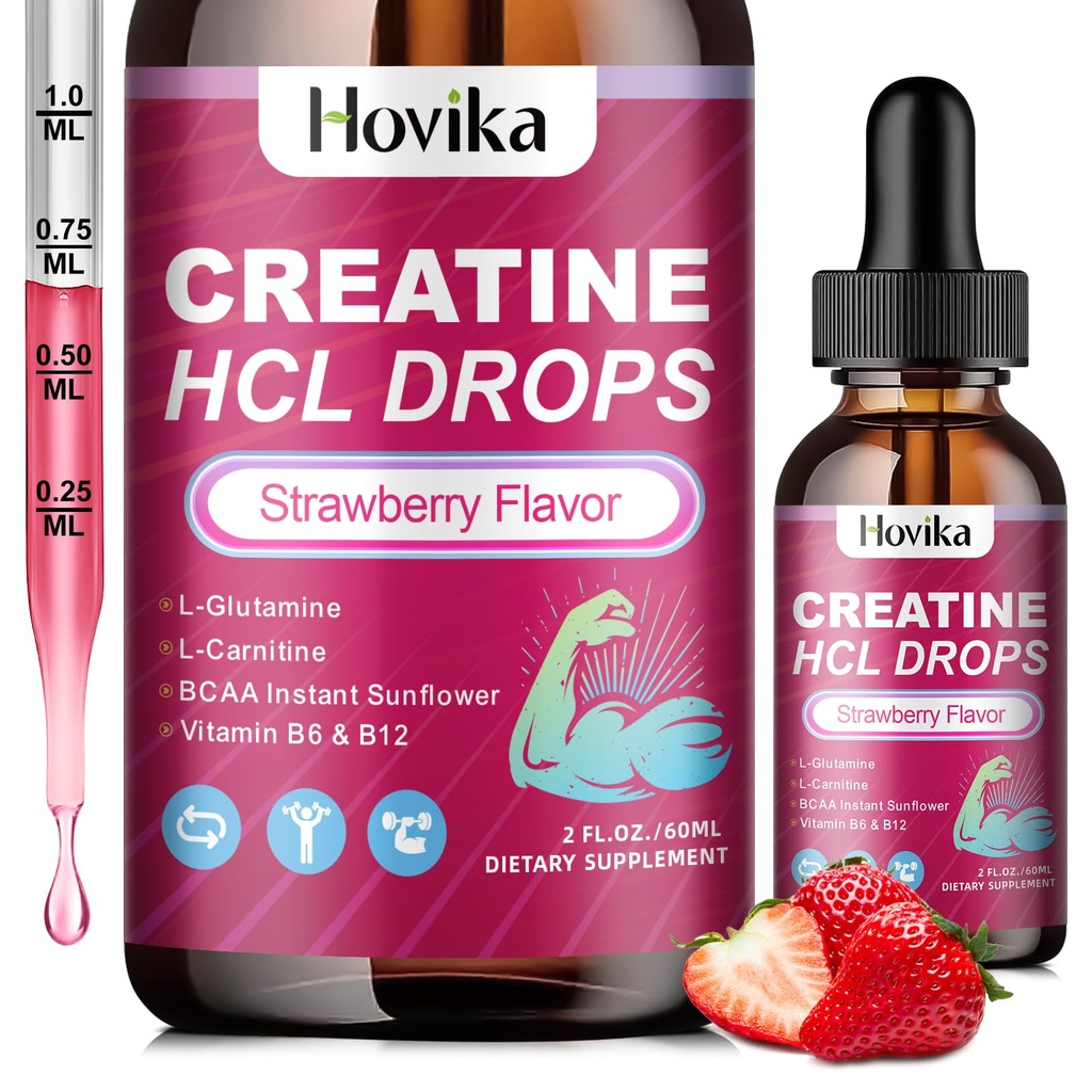用于男女的Creatine HCL液滴、含L-Carnitine的Creatine氢化物、L-Glutamine、BCAA、维生素B12和B6用于肌肉生长、促进能源和恢复-维根、草莓火焰、2Fl Oz