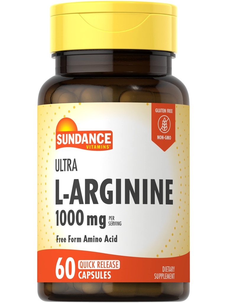 Sundance L-Arginine 1000mg Capsules | 60 Counter | Free Form 氨基酸补充 | N-GMO 和 Gluten 免费补充