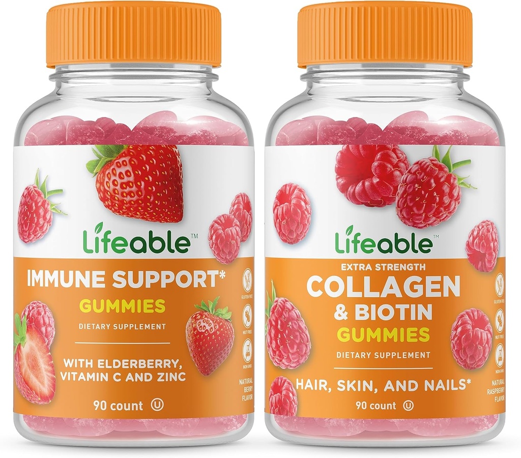 活性免疫支持 + Collagen & Biotin, Gummys Bundle - 大品尝, 维生素补充, Gluten Free, GMO Free, Chewable Gummy (英语:Gummy).