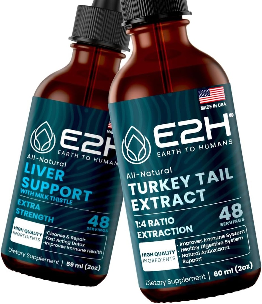 E2H: 肝脏支持补充品和土耳其 Tail蘑菇提取品 | Vegan, Non-GMO - 2 Fl Oz Each (4 Fl Oz 共计) - Bundle