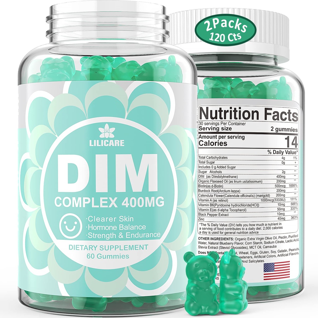 DIM 补充女性400mg, 女性雌激素补充, 男女无糖DIM Gummys + Biotin, Flaxseed Oil, Burdock, Calendula, BioPerine for Hormone 平衡, 更年期和前列腺120Cts