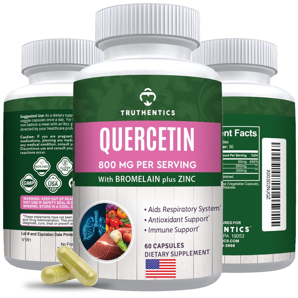 含有Bromelain 和 Zinc 1050mg 的 Quercetin – Premium Zinc Quercetin 补充 免疫,呼吸和季节性支持 - 非GMO, Gluten Free - 60 Veggie Capsules